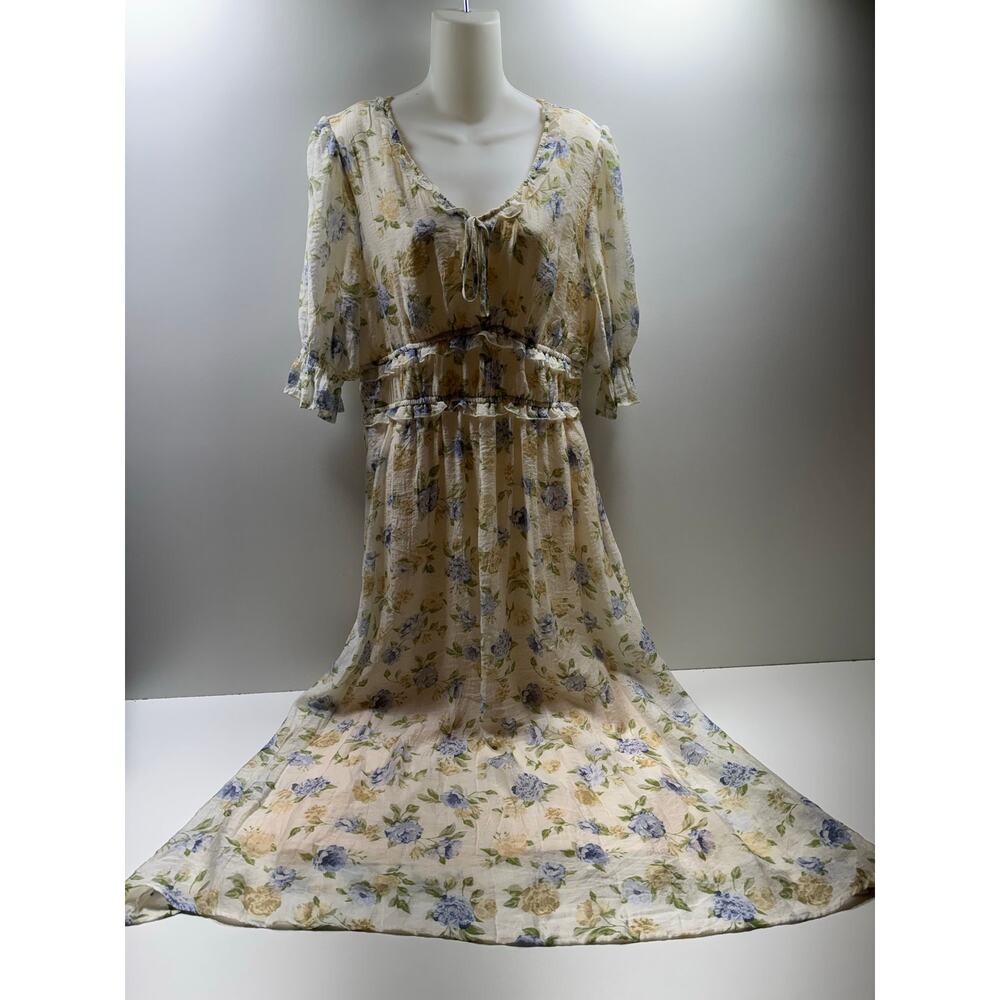 Joie Women’s Sz XL Romantic Midi Dress Cottage Core Floral V Neck Puff Sleeves